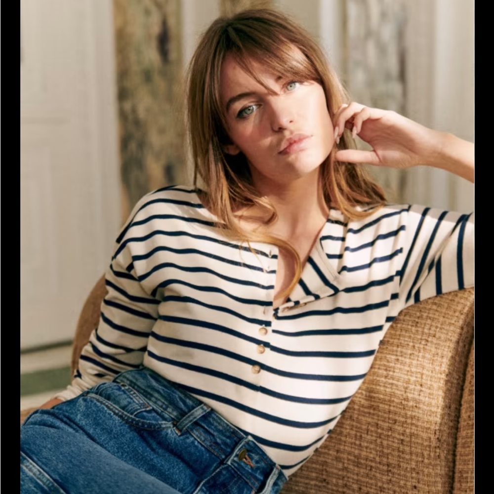 NWT Sézane Gatsby Mariniére Size S Ecru/Navy